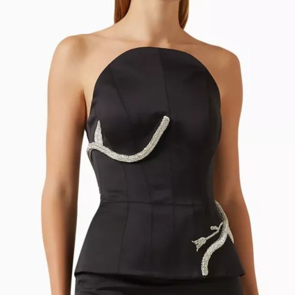 Nafsika Skourti Eden Tima Top in Black corset strapless rhinestone satin